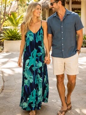 LOFT Tropical Blues Floral Maxi Dress Small Optional Tie Waist Resort Vacation